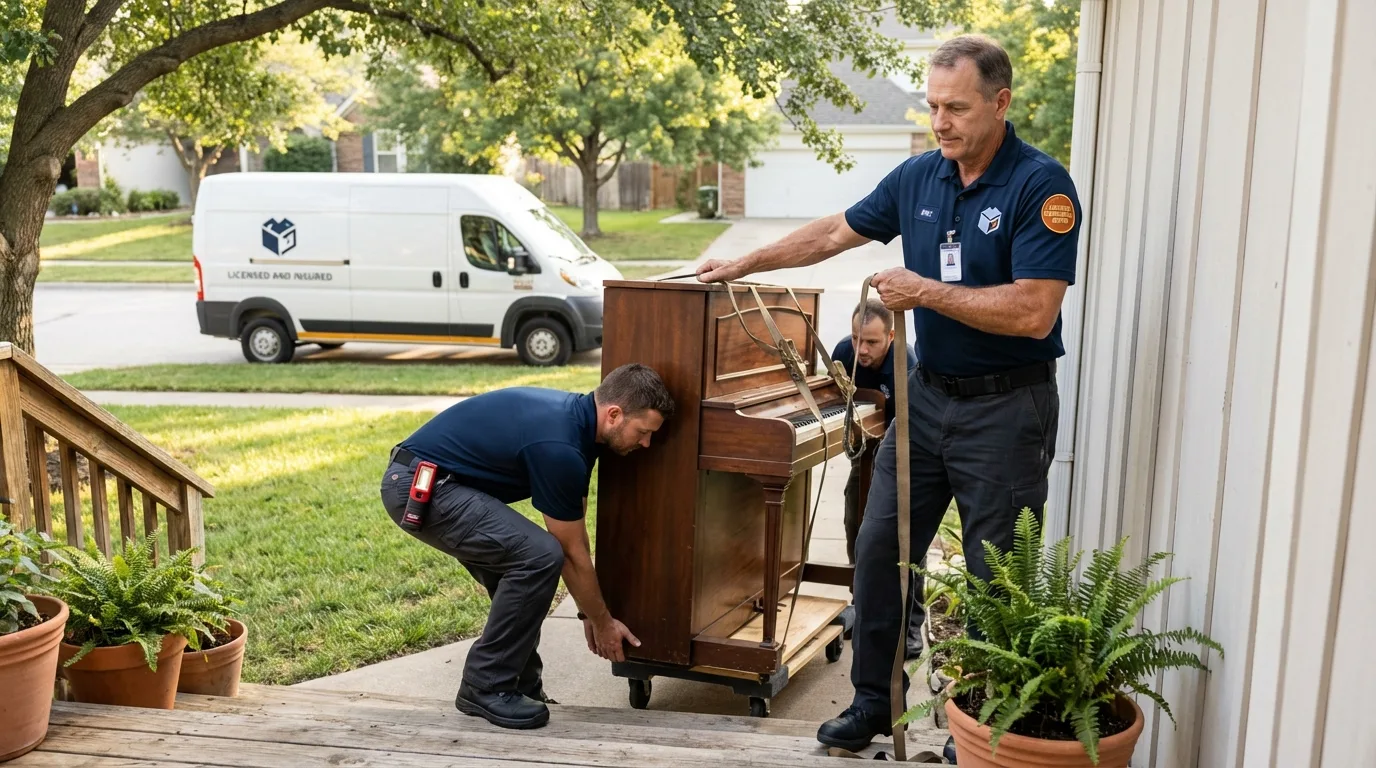 Licensed piano movers securing grand piano in Barrington, RI