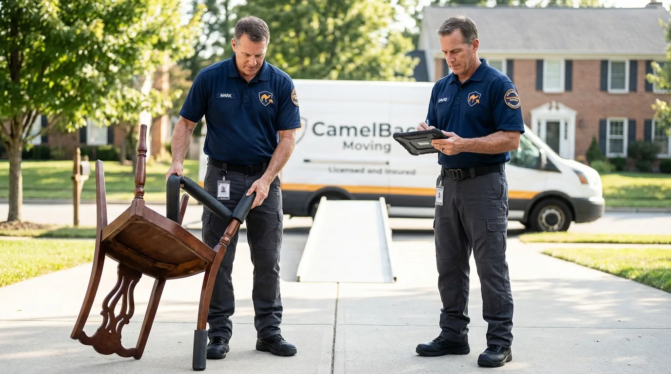 Movers inspecting furniture for damage prevention before loading in Barrington, RI