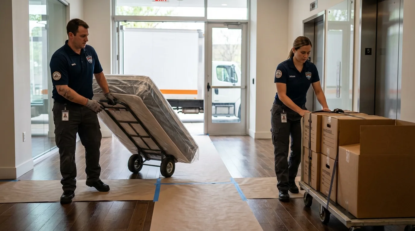 Professional apartment movers loading elevator in Barrington, RI