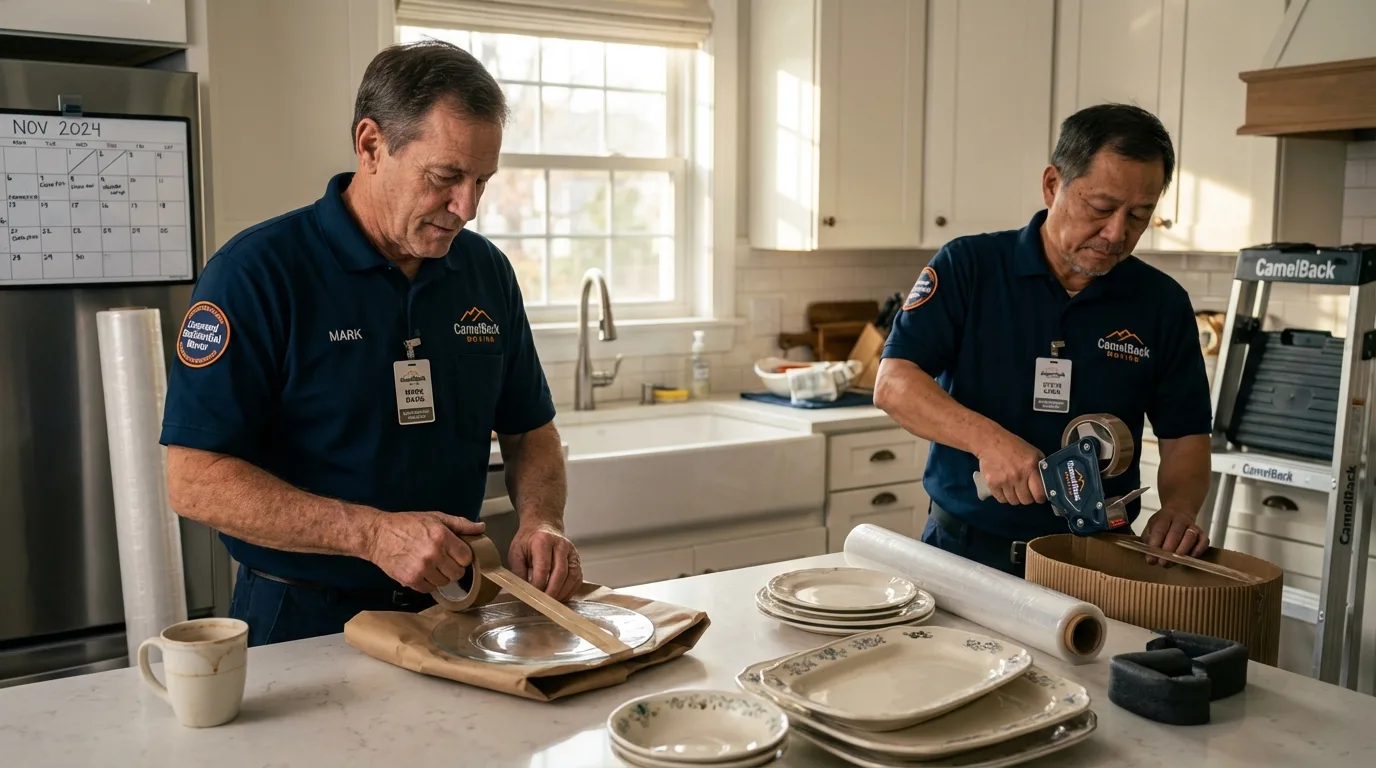 Professional crew packing kitchen dishware in Barrington, RI
